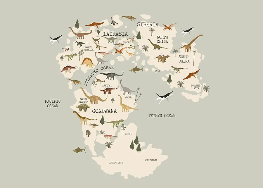 Korkea Laatu Juliste - Dinosaurusten Maailmankartta