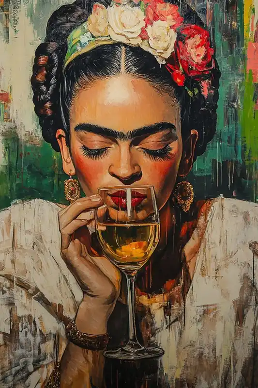 Juliste - Frida Kahlo viinin kanssa Heti Saatavilla