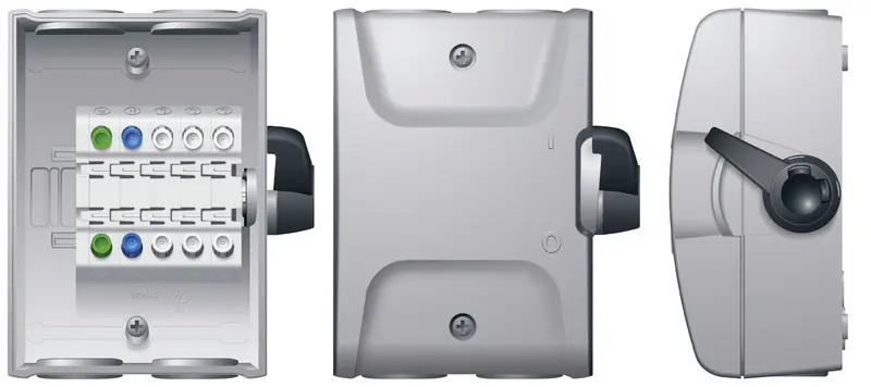 Sertifioitu Turvakytkin Norwesco SAQ316/M25, sivusta väännettävä, 3x16A, 4xM25 läpivientiä, 500V, 7.5kW, IP65, harmaa