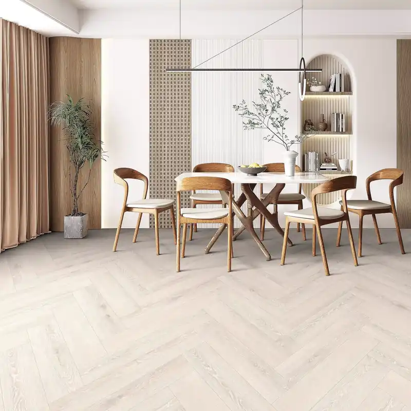 Kuuma Tarjous Kivikomposiittikalanruotovinyylilankku DomusFlooring Hiisi valkaistu, integroitu askeläänieriste