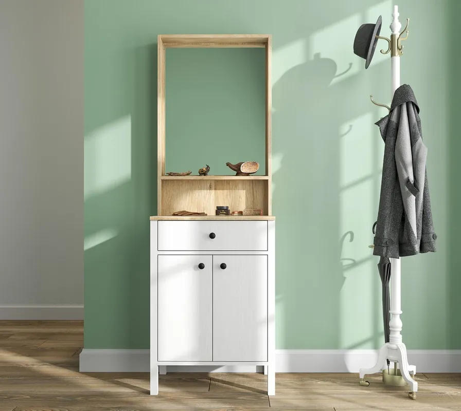 Rajoitettu Tarjous Eteisen kenkä-/asustekaappi peilillä Linento Furniture, valkoinen/ruskea