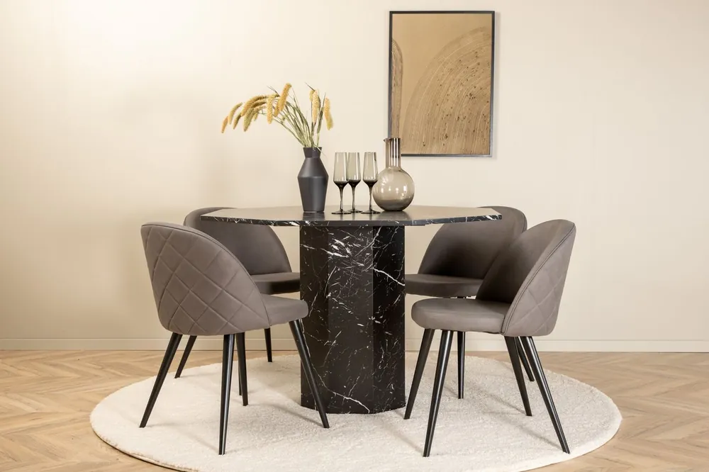 Ruokailuryhmä Venture Home, ⌀110cm musta Marbs-pöytä + 4 harmaata Velvet Stitches -tuolia Uusi Kokoelma