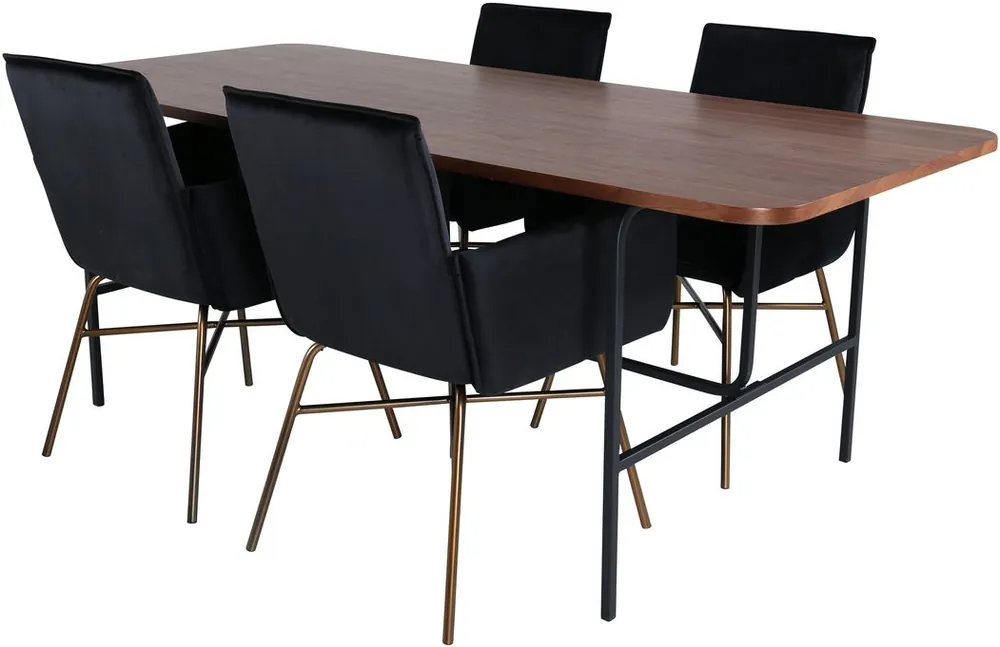 Ruokailuryhmä Venture Home, 200x90cm ruskea Uno-pöytä + 4 mustaa Petra-tuolia, sametti Flash-Tarjous