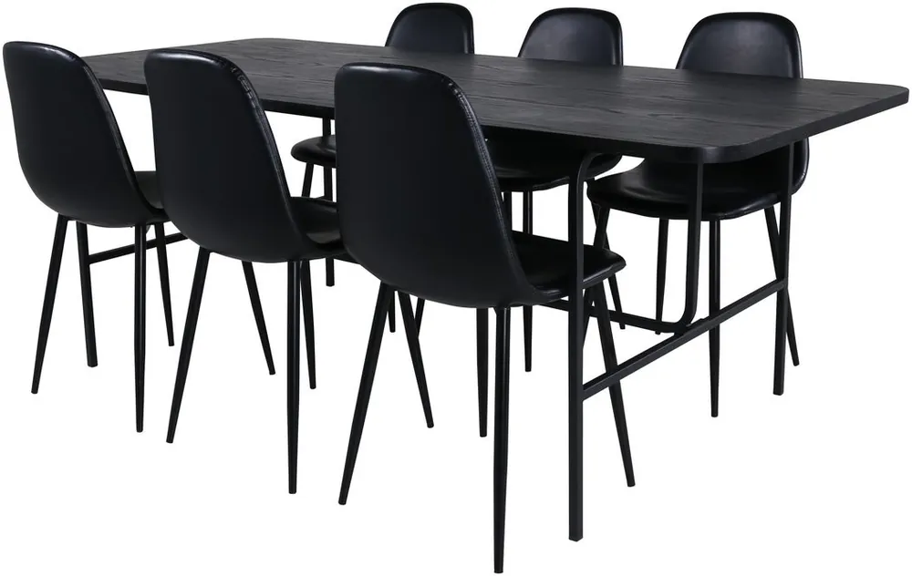 Päivän Tarjous Ruokailuryhmä Venture Home, 200x90cm musta Uno-pöytä + 6 mustaa Polar-tuolia, keinonahka