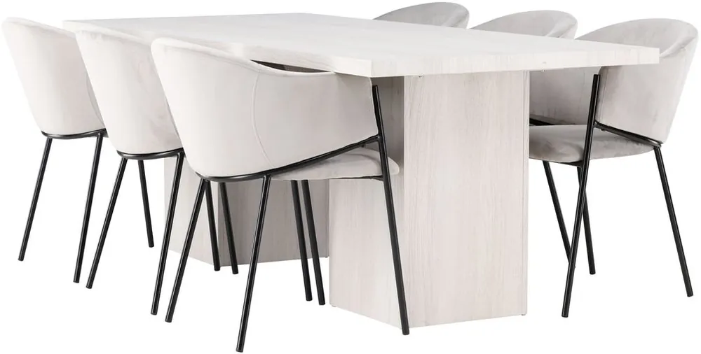 Ruokailuryhmä Venture Home, 200x90cm valkoinen Olga-pöytä + 6 vaaleanharmaata Evelina-tuolia, sametti Bestseller