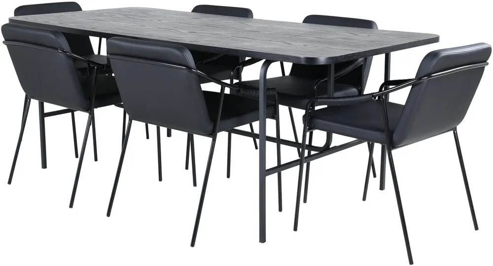 Paras Hinta Ruokailuryhmä Venture Home, 200x90cm musta Uno-pöytä + 6 mustaa Tvist-tuolia, keinonahka