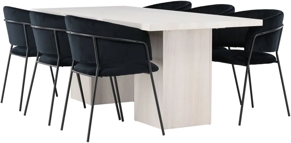 Erikoistarjous Ruokailuryhmä Venture Home, 200x90cm valkoinen Olga-pöytä + 6 mustaa Selma-tuolia, sametti