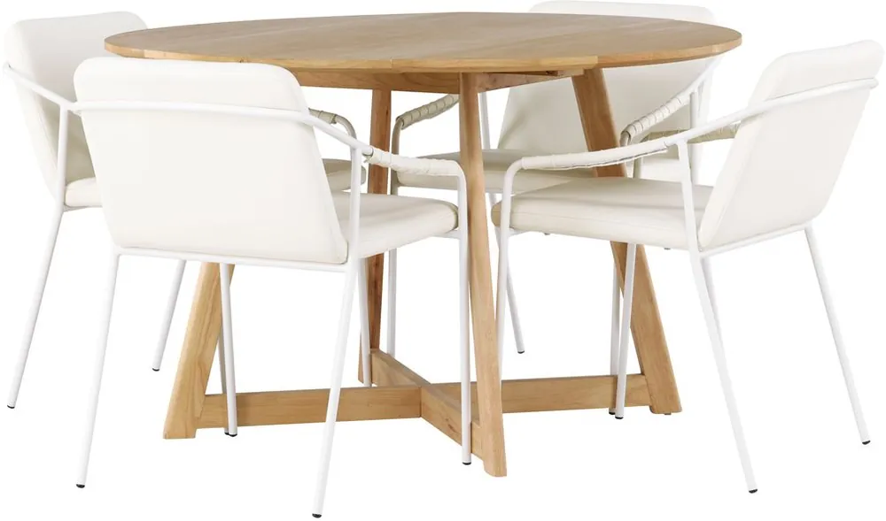 Pakollinen (Must-Have) Ruokailuryhmä Venture Home, ⌀120cm Yakidon-pöytä + 4 beigeä Tvist-tuolia, keinonahka