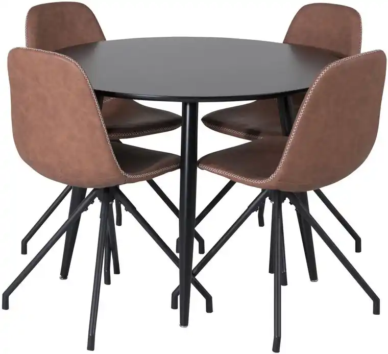 Sertifioitu Ruokailuryhmä Venture Home, ⌀100cm musta Plaza-pöytä + 4 pyörivää Polar-tuolia, ruskea