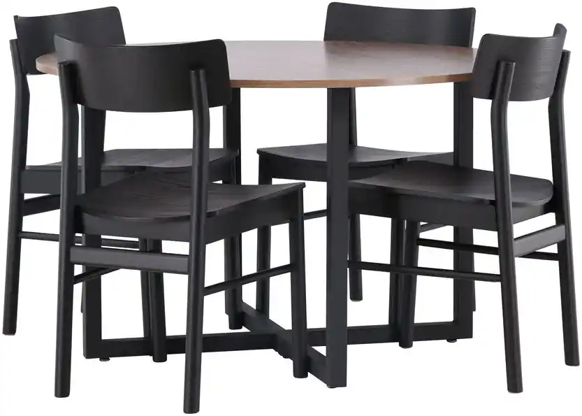 Vain Tänään Ruokailuryhmä Venture Home, ⌀120cm Durango-pöytä + 4 mustaa Montros-tuolia