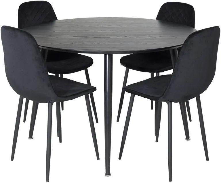 Bestseller Ruokailuryhmä Venture Home, ⌀115cm musta Dipp-pöytä + 4 mustaa Polar Diamond -tuolia, sametti