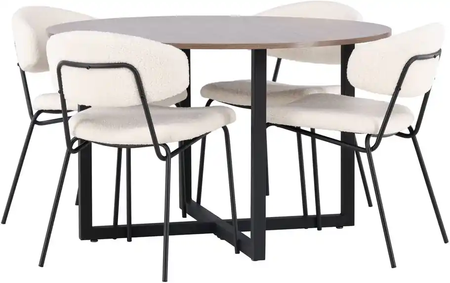 Pakollinen (Must-Have) Ruokailuryhmä Venture Home, ⌀120cm Durango-pöytä + 4 valkoista Chico-tuolia