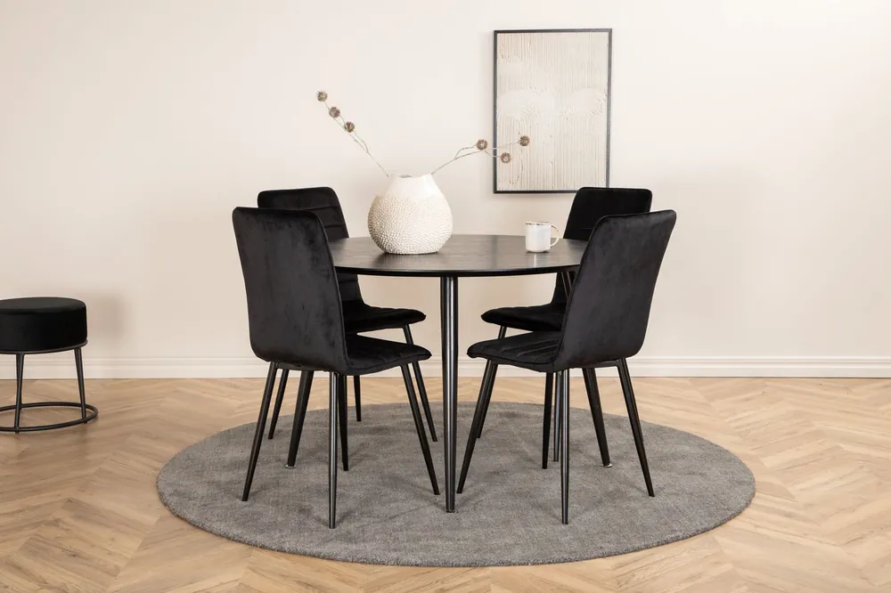 Ruokailuryhmä Venture Home, ⌀115cm musta Dipp-pöytä + 4 mustaa Windu Lyx -tuolia, sametti Viikonlopputarjous