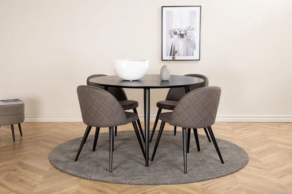 Tehdashinta Ruokailuryhmä Venture Home, ⌀115cm musta Dipp-pöytä + 4 harmaata Velvet Stitches -tuolia