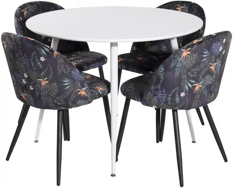 Ruokailuryhmä Venture Home, ⌀100cm valkoinen Plaza-pöytä + 4 mustaa Velvet-tuolia kukkakuosilla Osta Tänään
