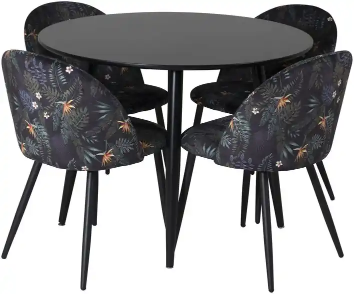Ruokailuryhmä Venture Home, ⌀100cm musta Plaza-pöytä + 4 mustaa Velvet-tuolia kukkakuosilla Halpa Hinta