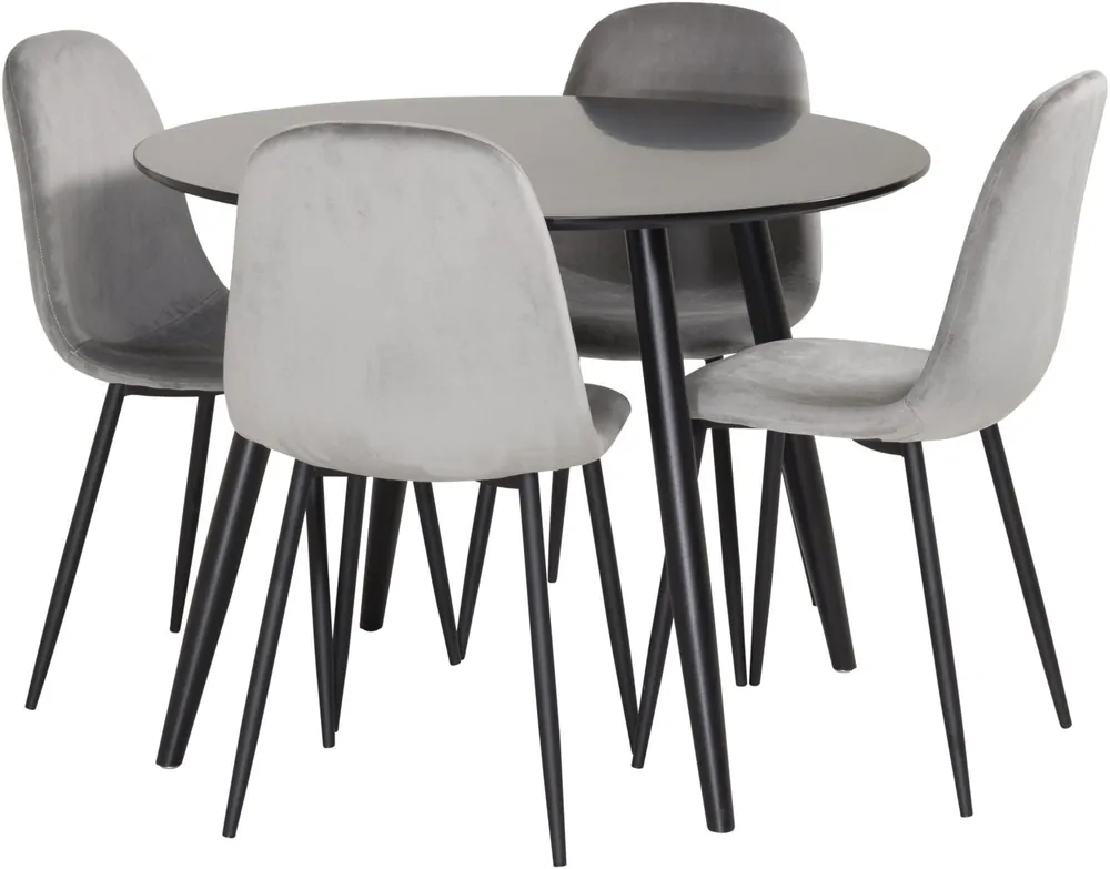 Asiakkaiden Suosikki Ruokailuryhmä Venture Home, ⌀100cm musta Plaza-pöytä + 4 harmaata Polar Velvet -tuolia
