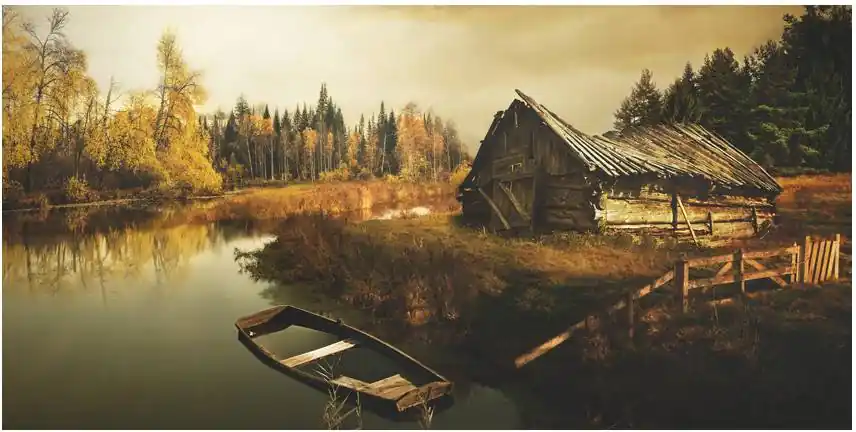 Flash-Tarjous Maisematapetti Artgeist Desolate hut, metsä, 550x270cm