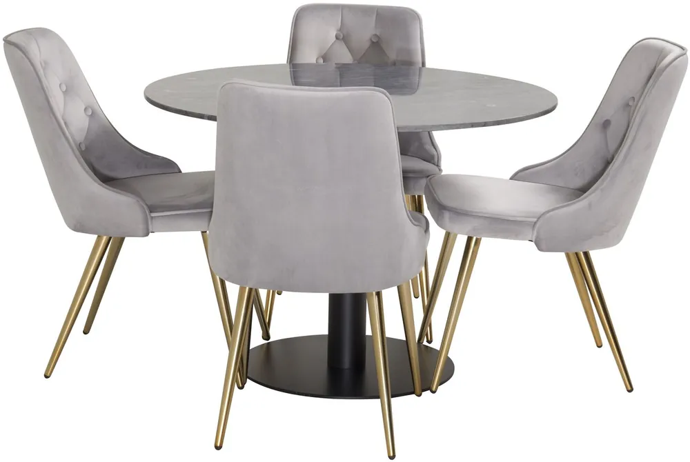 Halpa Hinta Ruokailuryhmä Venture Home, ⌀106cm musta Estelle-pöytä + 4 Velvet Deluxe -tuolia, sametti