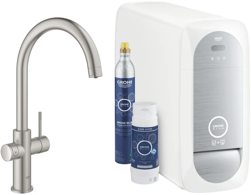 Halpa Hinta Keittiöhanapaketti Grohe Blue Home C hiilihapotuslaitteella supersteel